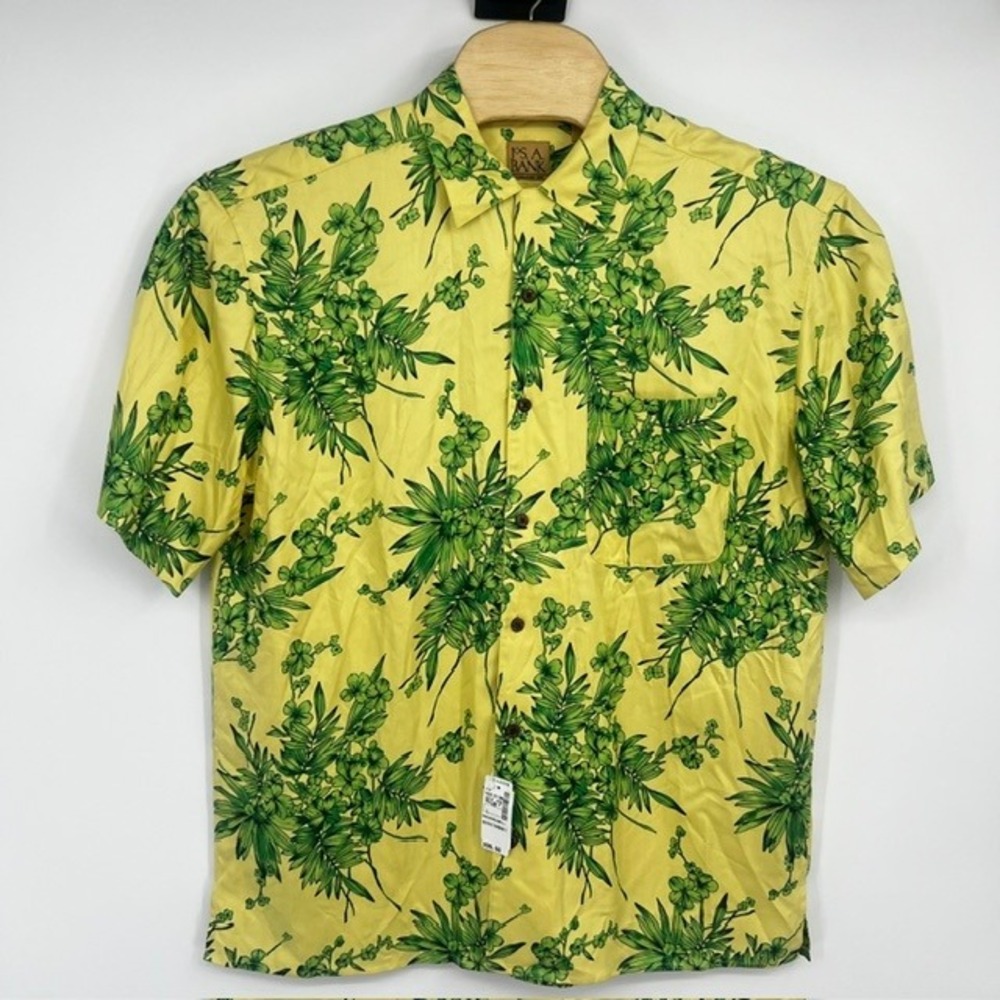 NWT Jos A Bank Men's Large Yellow & Green Floral Silk Short Sleeve Button Up